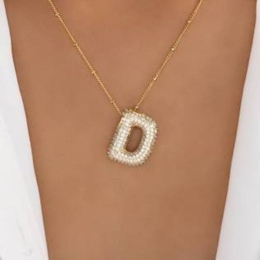 D Initial Necklace Bubble Letter Gold CZ trendy gift BNWOT pave modern sparkles